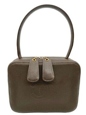 Chanel  Vintage Vanity Case Leather Top Handle Bag Dark Olive